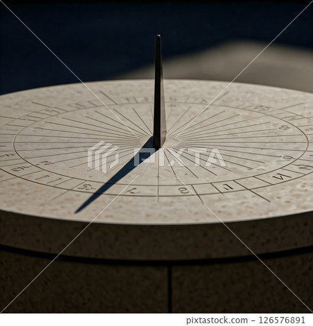 A sundial's shadow marks the time on its circular face, a timeless instrument of measurement A sundial's shadow marks the time on its circular face, a timeless instrument of measurement 126576891