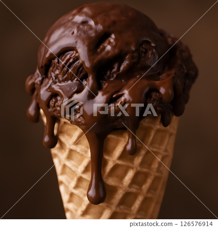 A rich chocolate ice cream cone with melting scoops and sauce, a sweet dessert A rich chocolate ice cream cone with melting scoops and sauce, a sweet dessert 126576914