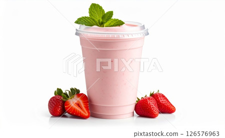 Fresh pink strawberry milkshakes and smoothies with mint, perfect cold summer fruit drinks 126576963