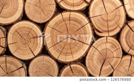 Old wood texture background of a tree trunk cross-section with natural rings and a rough, cut stump pattern Old wood texture background of a tree trunk cross-section with natural rings and a rough, cut stump pattern 126576980