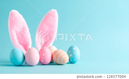 Pink Easter bunny and colorful eggs in green grass make a cute spring holiday decoration 126577004