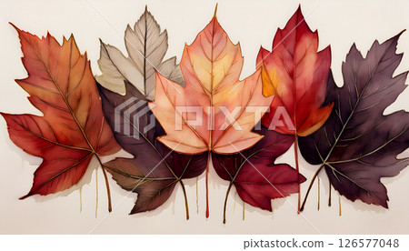 Multiple watercolor autumn leaves in various shades of red, orange, and green are arranged on a white background 126577048