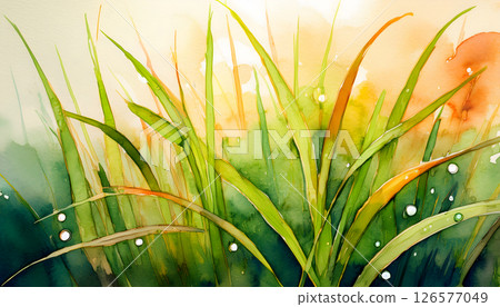 Vibrant watercolor painting of dew-kissed green grass blades, capturing morning light and natural beauty with fluid brushstrokes and soft hues 126577049
