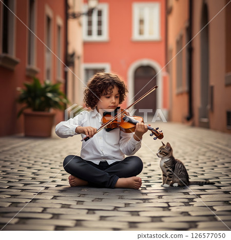 A young male child, approximately 6-8 years old, plays a violin while sitting cross-legged on a cobblestone street, observed by a kitten 126577050