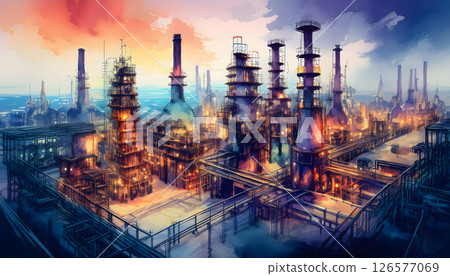A striking industrial complex with towering structures, pipes, and smoke stacks under a dramatic sky A striking industrial complex with towering structures, pipes, and smoke stacks under a dramatic sky 126577069