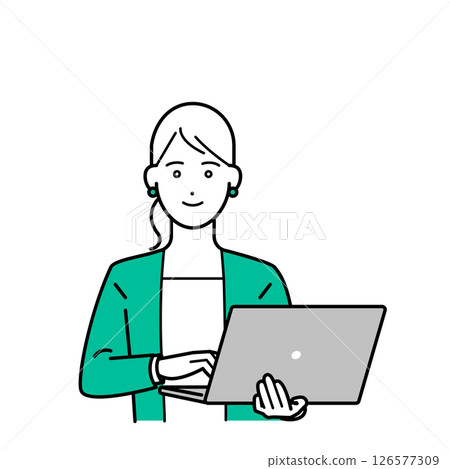 Illustration of a female business person in a suit holding a laptop Illustration of a female business person in a suit holding a laptop 126577309