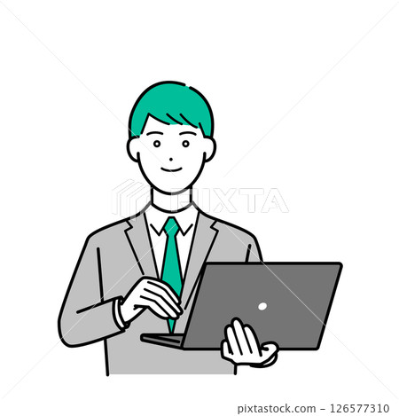 Illustration of a male business person in a suit holding a laptop Illustration of a male business person in a suit holding a laptop 126577310