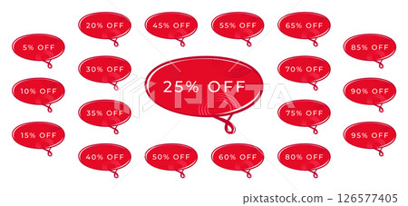 Red discount banner set in oval form, coupons in many percentage variations, offer from 5% to 95%, button to increase sales on your website, vector color illustration Red discount banner set in oval form, coupons in many percentage variations, offer from 5% to 95%, button to increase sales on your website, vector color illustration 126577405