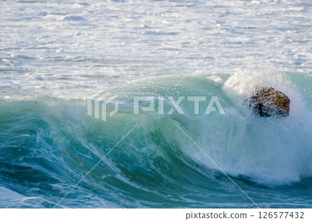 Bodyboarder surfing ocean wave 126577432