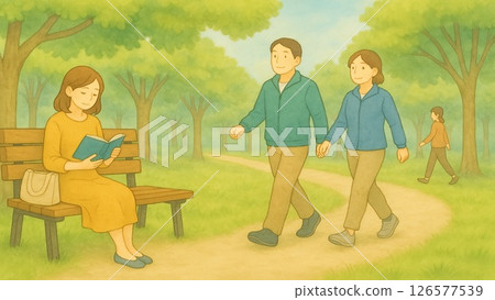 People enjoying reading and walking in the shade of the trees in the park (watercolor) 126577539