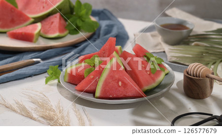 Fresh ripe sliced watermelon Fresh ripe sliced watermelon 126577679