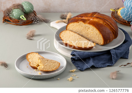 Portuguese Easter folar with festive decor 126577776