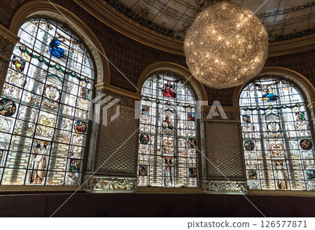 View of The Gamble Room with the walls and large columns were covered in a variety of colourful ceramic tiles, The ceiling was decorated in enamelled iron sheets, Stained-glass windows and pendant 126577871