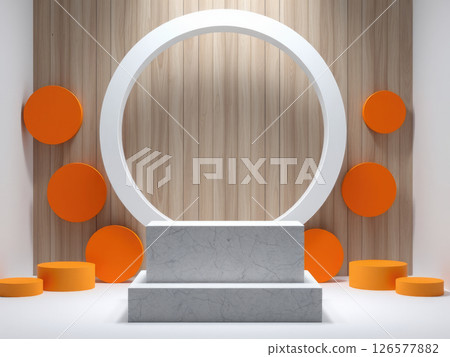 Orange Studio Podium with Geometric and Tropical Elements Orange Studio Podium with Geometric and Tropical Elements 126577882