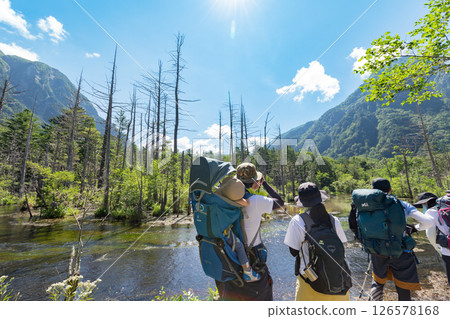 <Nagano> The magnificent view of Kamikochi: Dakezawa Marsh, Mt. Rohyaku and tourists 126578168