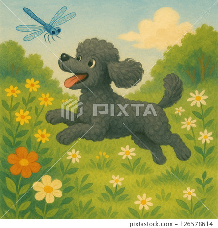 黒いプードルが野原で遊ぶイラスト｜Black Poodle Playing in a Flower 126578614