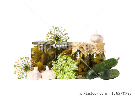 PNG, canned cucumbers in a jar, isolated on a white background. PNG, canned cucumbers in a jar, isolated on a white background. 126578783