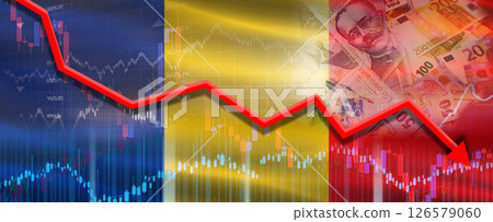 Romania financial crisis on economic graph. Financial fall of Romania on economy market Romania financial crisis on economic graph. Financial fall of Romania on economy market 126579060