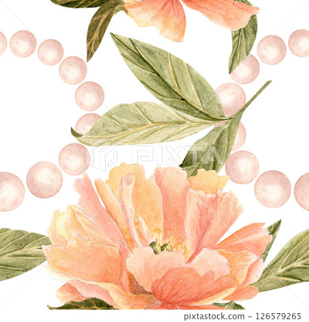 Pink peony flowers leaves surrounded by soft pearls form an elegant repeating design, ideal as a watercolor seamstress pattern. Perfect for fabric prints, wedding decor, feminine branding, packaging 126579265