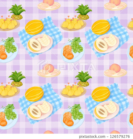 Seamless pattern with summer picnic and fruit on pastel Purple 126579276