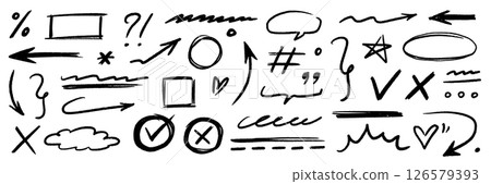 Hand drawn line chalk brush stroke arrow icon set. Chalk crayon underline, check mark, scribble and texture in rough hand sketch style. Drawn heart, frame, star design shapes. Vector Hand drawn line chalk brush stroke arrow icon set. Chalk crayon underline, check mark, scribble and texture in rough hand sketch style. Drawn heart, frame, star design shapes. Vector 126579393