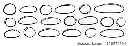 Line brush pen highlight round oval frame set. Hand drawn marker, pen scribble stroke line oval frame. Brush round frame for text highlight ellipse. Grunge scratch style set. Vector Line brush pen highlight round oval frame set. Hand drawn marker, pen scribble stroke line oval frame. Brush round frame for text highlight ellipse. Grunge scratch style set. Vector 126579394