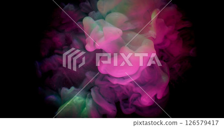 Cloud splash. Neon ink. Pink green fume puff explosion swirl blending color in art liquid. Black frame abstract defocused background. 126579417