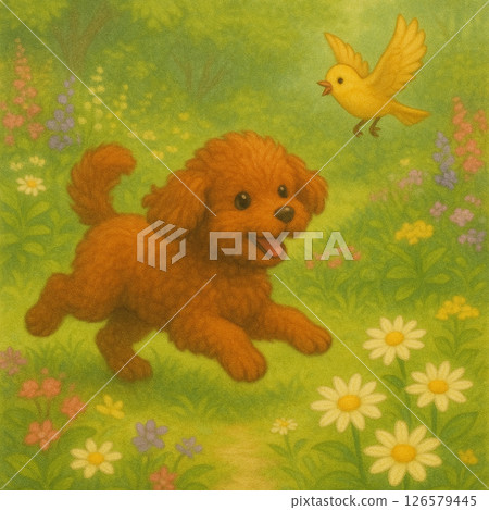 Puppy Running in a Flower Field wi 126579445