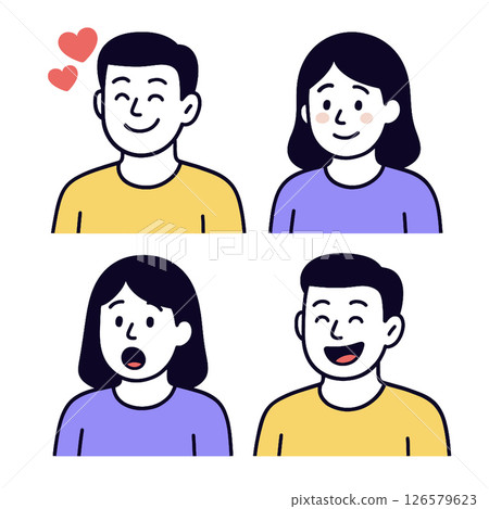 Happy expressions and emotions illustrated in cartoon style, showcasing love and surprise Happy expressions and emotions illustrated in cartoon style, showcasing love and surprise 126579623