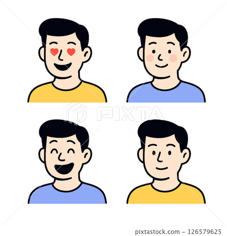 Set of four cartoon faces showing different emotions love, happiness, shyness, and neutrality 126579625