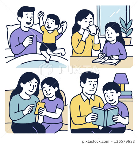 Family bonding moments are captured these joyful scenes of parents and children engaging various Family bonding moments are captured these joyful scenes of parents and children engaging various 126579658