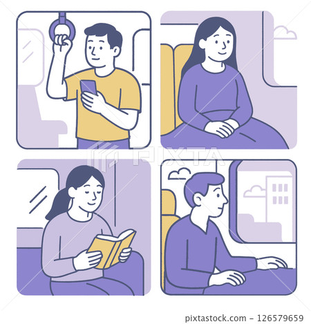 Public transport scenes showing diverse individuals engaged various activities, conveying daily 126579659