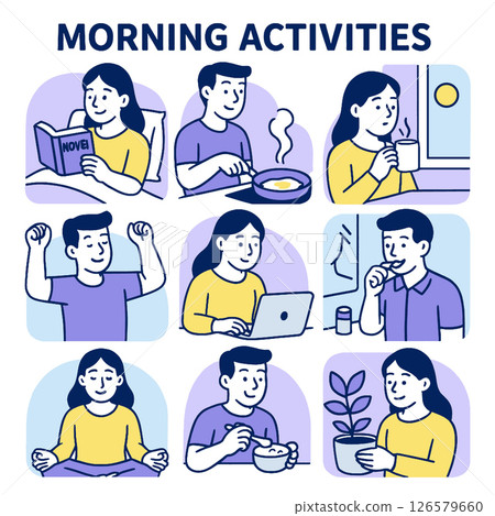 Morning activities include reading, cooking, enjoying coffee, and practicing mindfulness 126579660