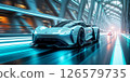 Futuristic electric sports car driving fast in the city 126579735