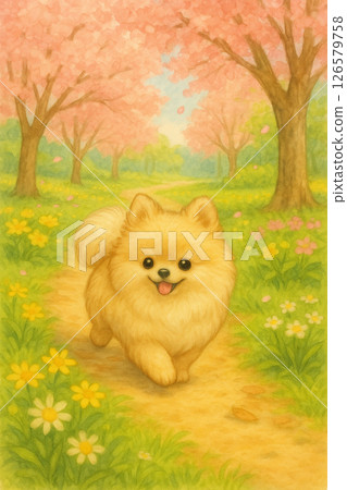 桜のトンネルを走るポメラニアン｜Pomeranian Running Under Cherry Bl 126579758