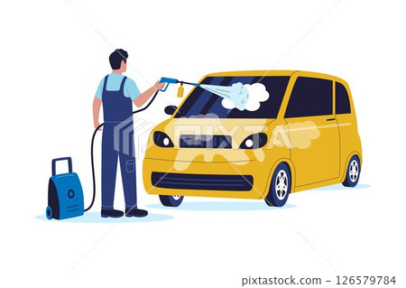 Flat Vector Illustration of Car Wash Worker Cleaning a Small Yellow Vehicle with Pressure Washer 126579784