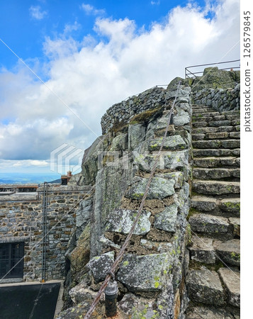 Stone Steps to Mountain Summit Under Cloudy Sky, Scenic Viewpoint, Hiking Adventure at Whiteface Mountain 126579845