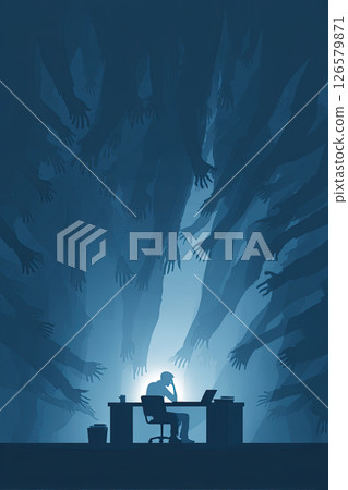 Stressed office worker sits at desk, surrounded by shadowy hands, feeling overwhelmed, anxious 126579871