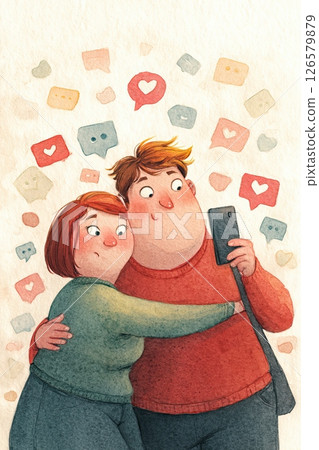 Chubby couple selfie, watercolor illustration, social media icons, happy, love, digital art 126579879