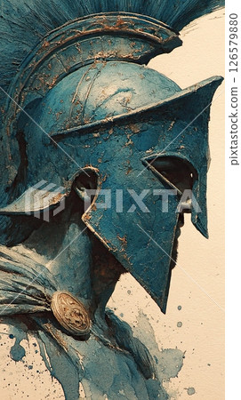 Ancient warrior helmet blue armor profile watercolor painting strong historic emotion 126579880