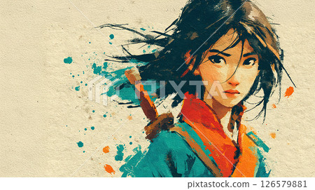 Watercolor portrait of female warrior with flowing hair, sword, blue and orange clothing Watercolor portrait of female warrior with flowing hair, sword, blue and orange clothing 126579881