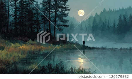 Misty forest, moon, lake, reflection, silhouette, tranquil, watercolor scene Misty forest, moon, lake, reflection, silhouette, tranquil, watercolor scene 126579882