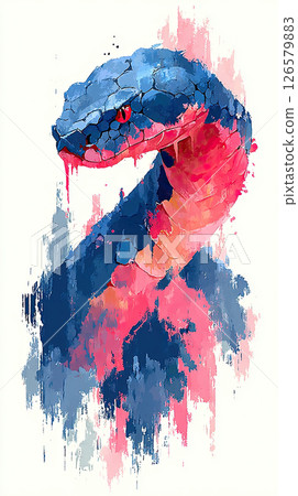 Watercolor snake, coiled, fierce, blue and red, abstract, artistic, intense expression 126579883