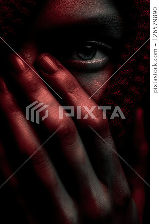Mysterious person covers half their face with hand, dramatic red lighting, intense emotion 126579890