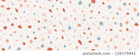 Light beige Terrazzo seamless pattern. Repeating granite stone texture. Colored Italian mosaic surface design for paving, floor tile swatch, decoration. Venetian marble background concept. Vector 126579942
