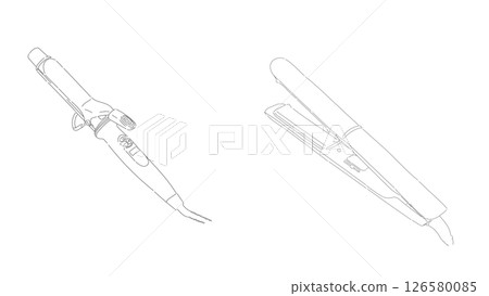 Line drawing illustration of professional iron and curling iron for barber and beauty salon Line drawing illustration of professional iron and curling iron for barber and beauty salon 126580085