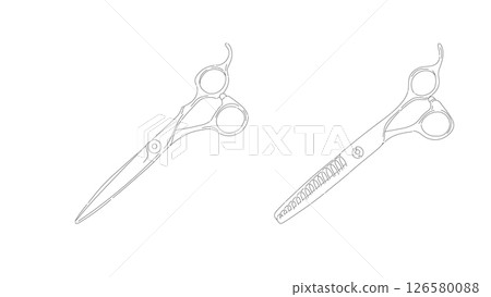 Line drawing illustration of professional scissors and thinning scissors for barber and beauty salon Line drawing illustration of professional scissors and thinning scissors for barber and beauty salon 126580088