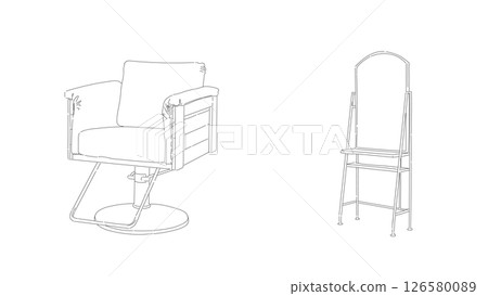 理髮美容院專業套裝辦公桌和剪髮椅的線條畫插圖 126580089