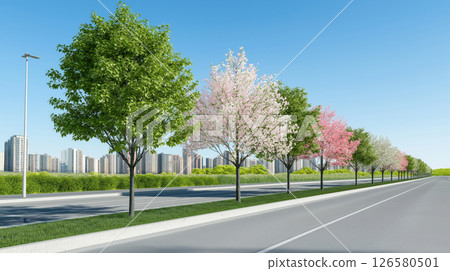 Urban landscape with blossoming trees along a road and city skyline Urban landscape with blossoming trees along a road and city skyline 126580501