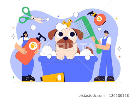 Pet Grooming Vector Illustration featuring the Maintenance of Cleanliness, Health, and Appearance of Pets such as a Dog or Cat in a Background Pet Grooming Vector Illustration featuring the Maintenance of Cleanliness, Health, and Appearance of Pets such as a Dog or Cat in a Background 126580528
